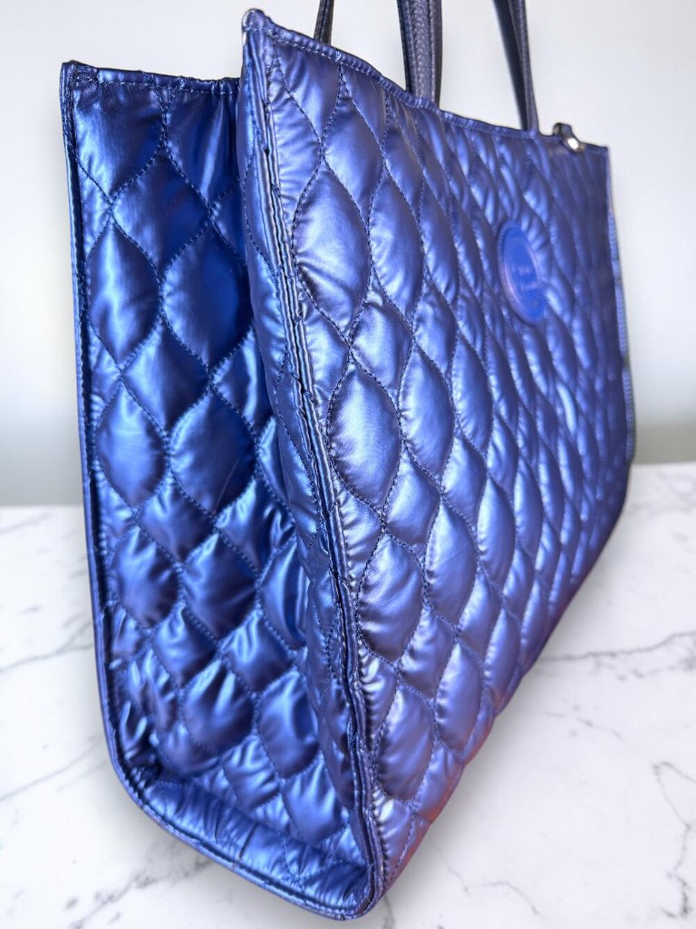 Sharif Global Generation Metallic Sapphire Blue Quilted Nylon Sample Tote - Picture 3 of 12